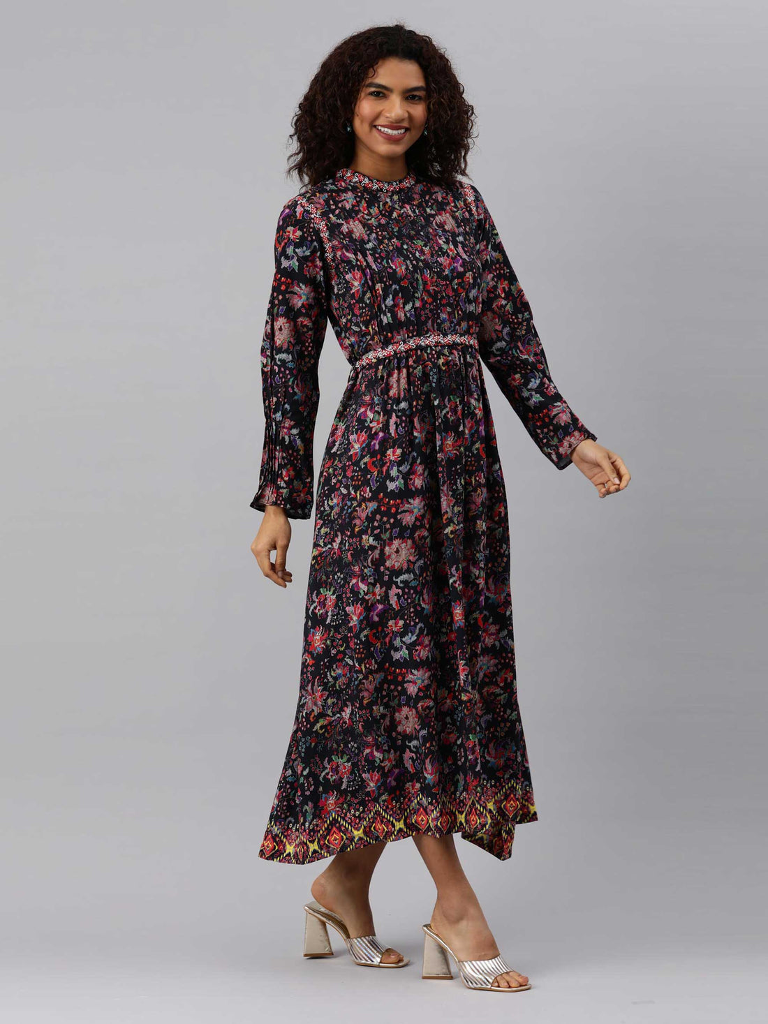 Floral print Aline dress with an embroidered belt - Etiquette Apparel