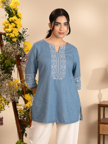 Cross Stitch Detailed Denim Indigo Top