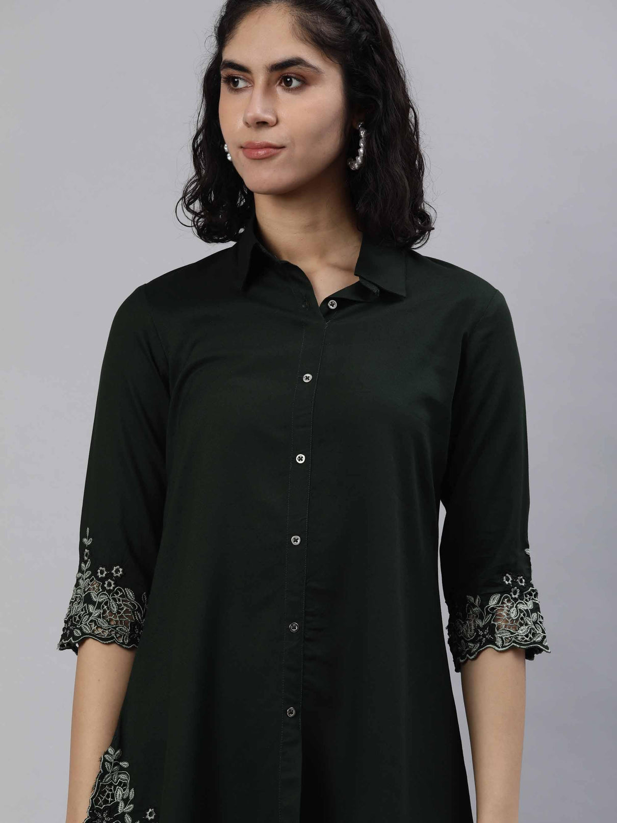 Solid Colored Top With Cutwork Embroidery in Front and Sleeves - Etiquette Apparel