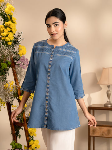 Black Denim Embroidered Top - Etiquette Apparel