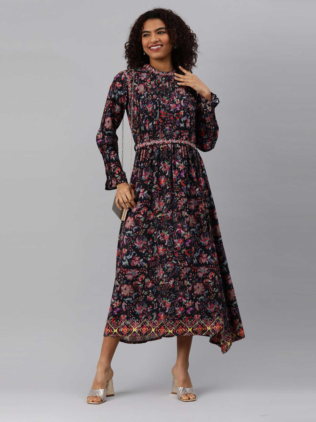 Floral print Aline dress with an embroidered belt - Etiquette Apparel