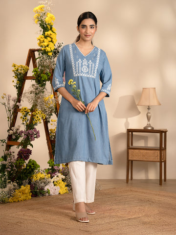 Floral Dori Yoke Indigo Kurta - Etiquette Apparel