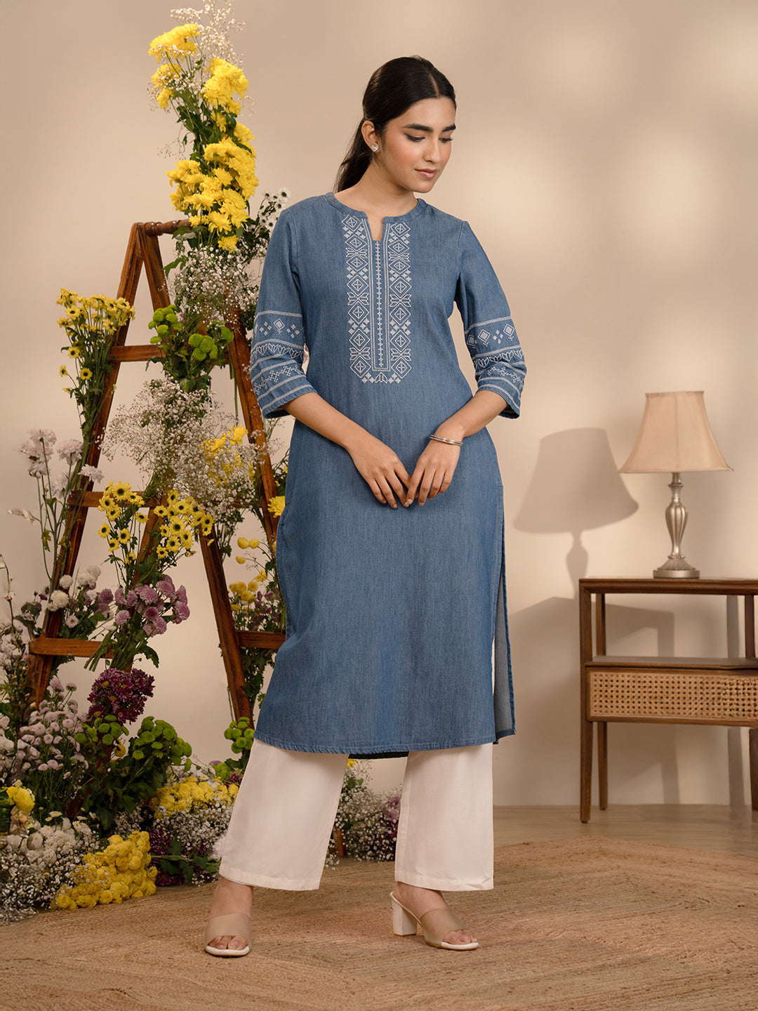 Cross Stitch Denim Indigo Kurta - Etiquette Apparel