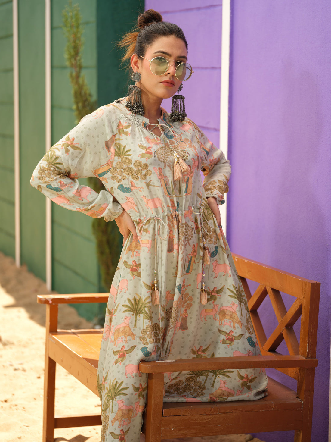 Raglan Sleeves Dress with Smocked Neck A-Line - Etiquette Apparel