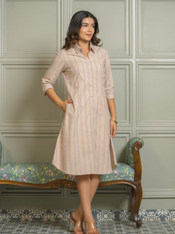Chic Beige Striped Dress for Women - Etiquette Apparel