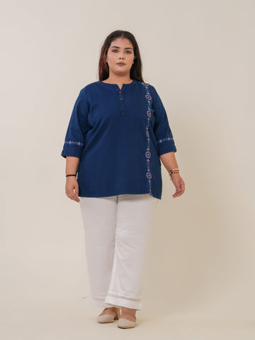 Sindhi Taka Side Embroidery Denim Indigo Top - Etiquette Apparel
