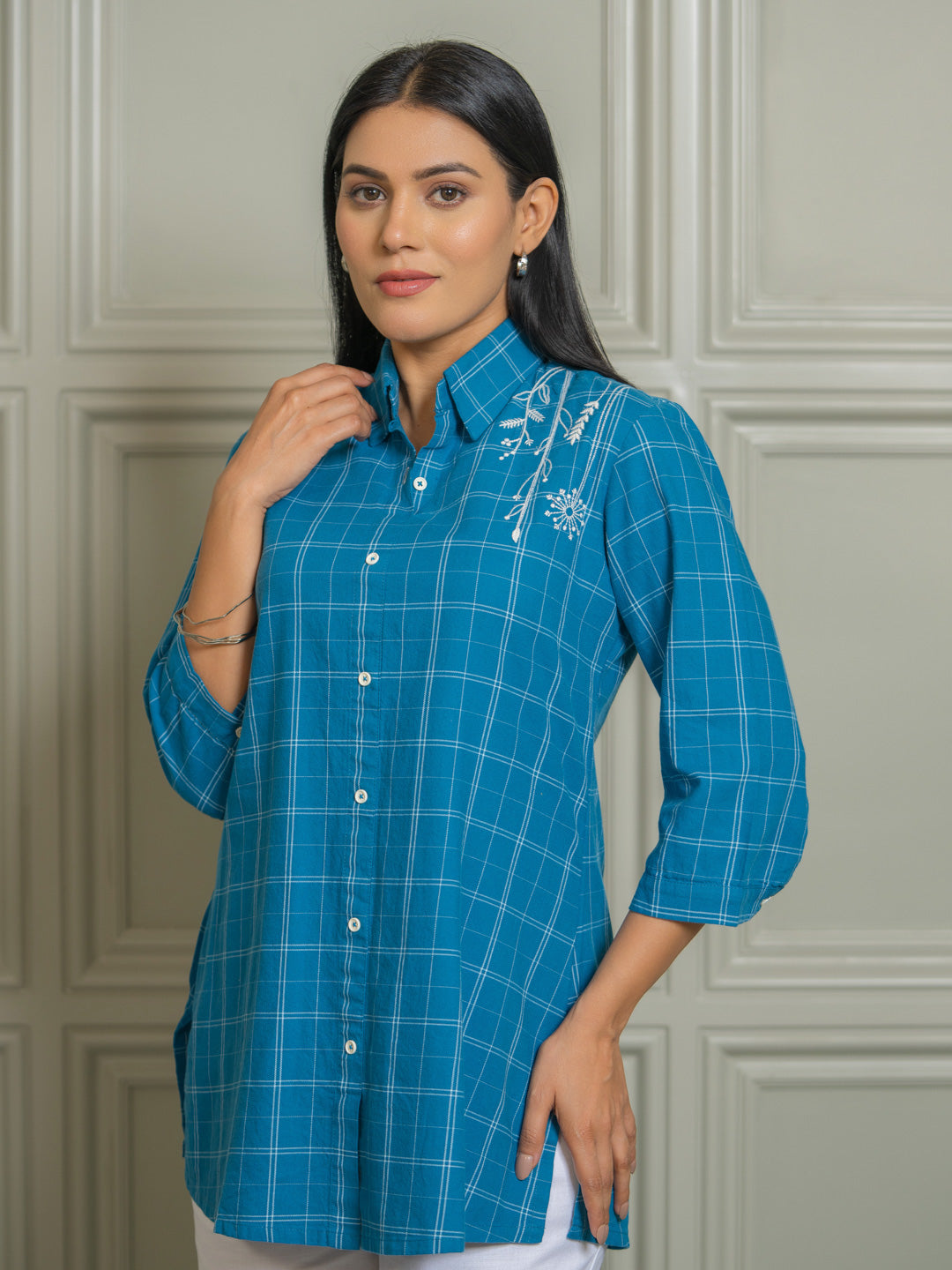 Women Checked Shirts Rust Teal Embroidery
