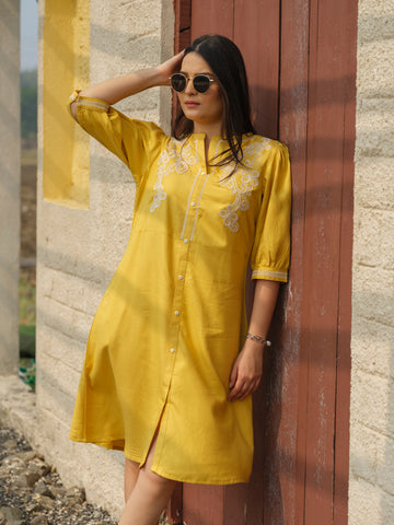 Sunny Yellow Dress with Dori Embroidery - Etiquette Apparel