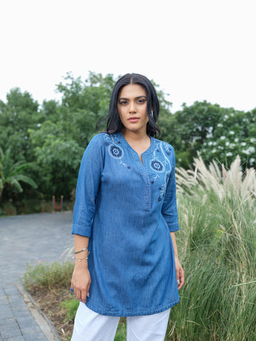 Woven Whispers Denim Top - Etiquette Apparel
