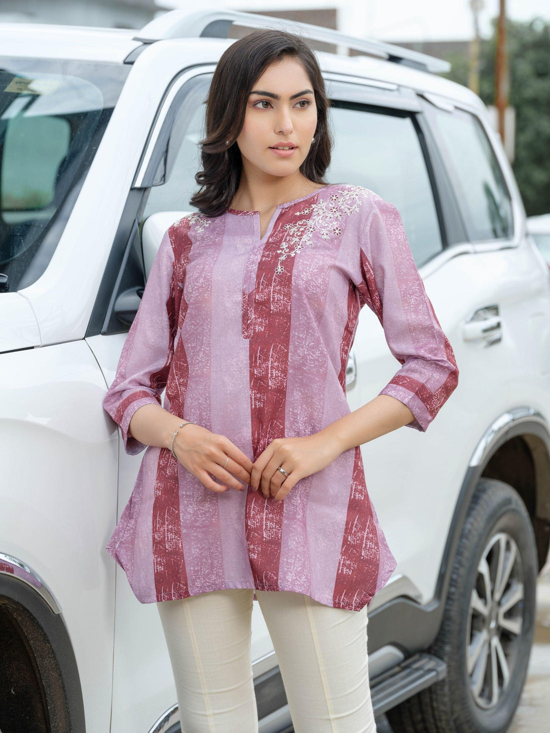 Broad stripe top with embroidery at the shoulder top - Etiquette Apparel