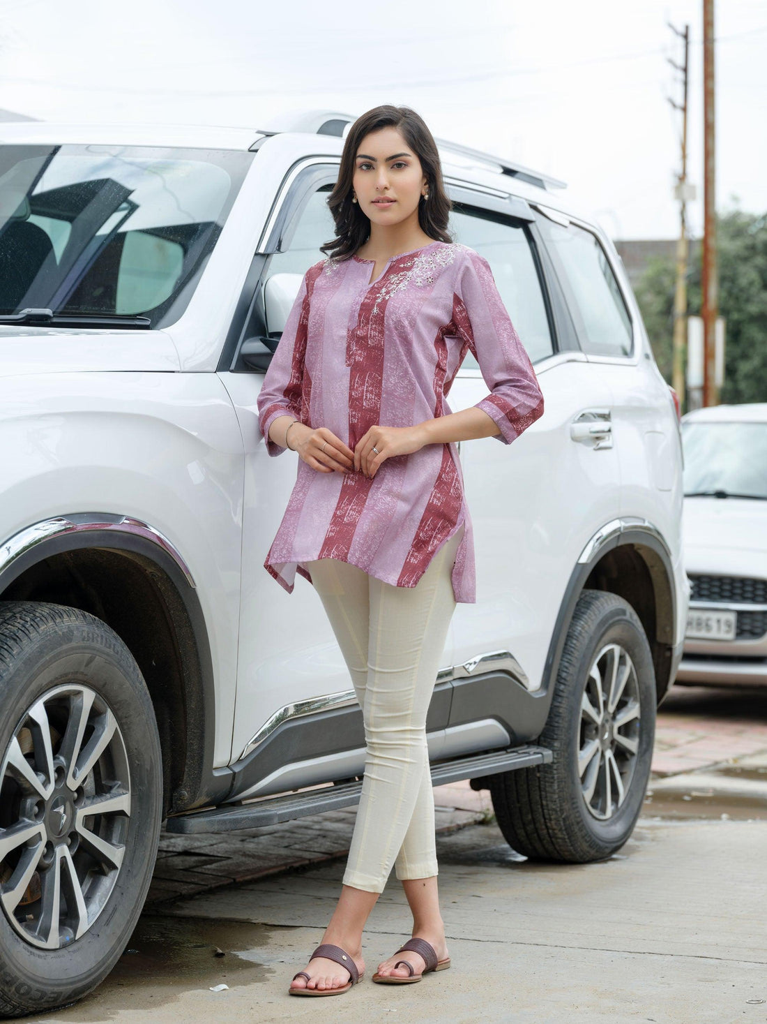 Broad stripe top with embroidery at the shoulder top - Etiquette Apparel