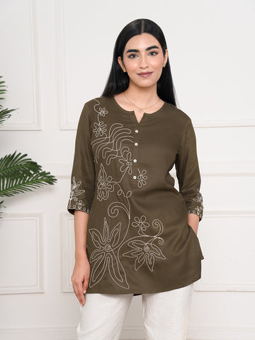 Wool Embroidered Brown Short Top