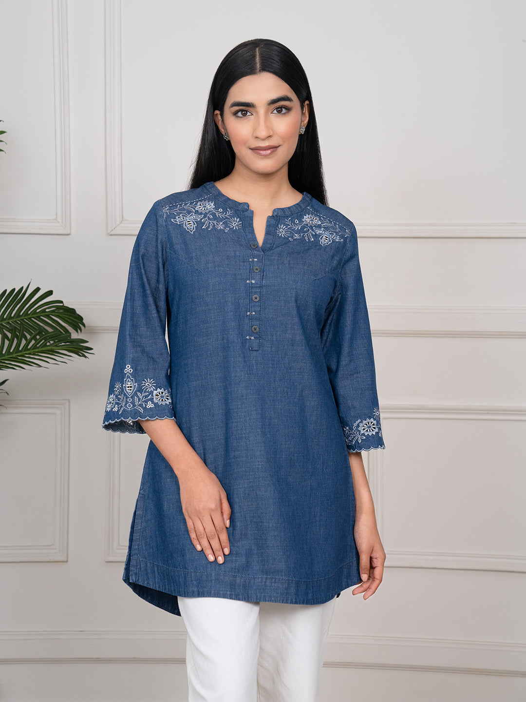 Delicate Cutwork Detailed Denim Indigo Top - Etiquette Apparel