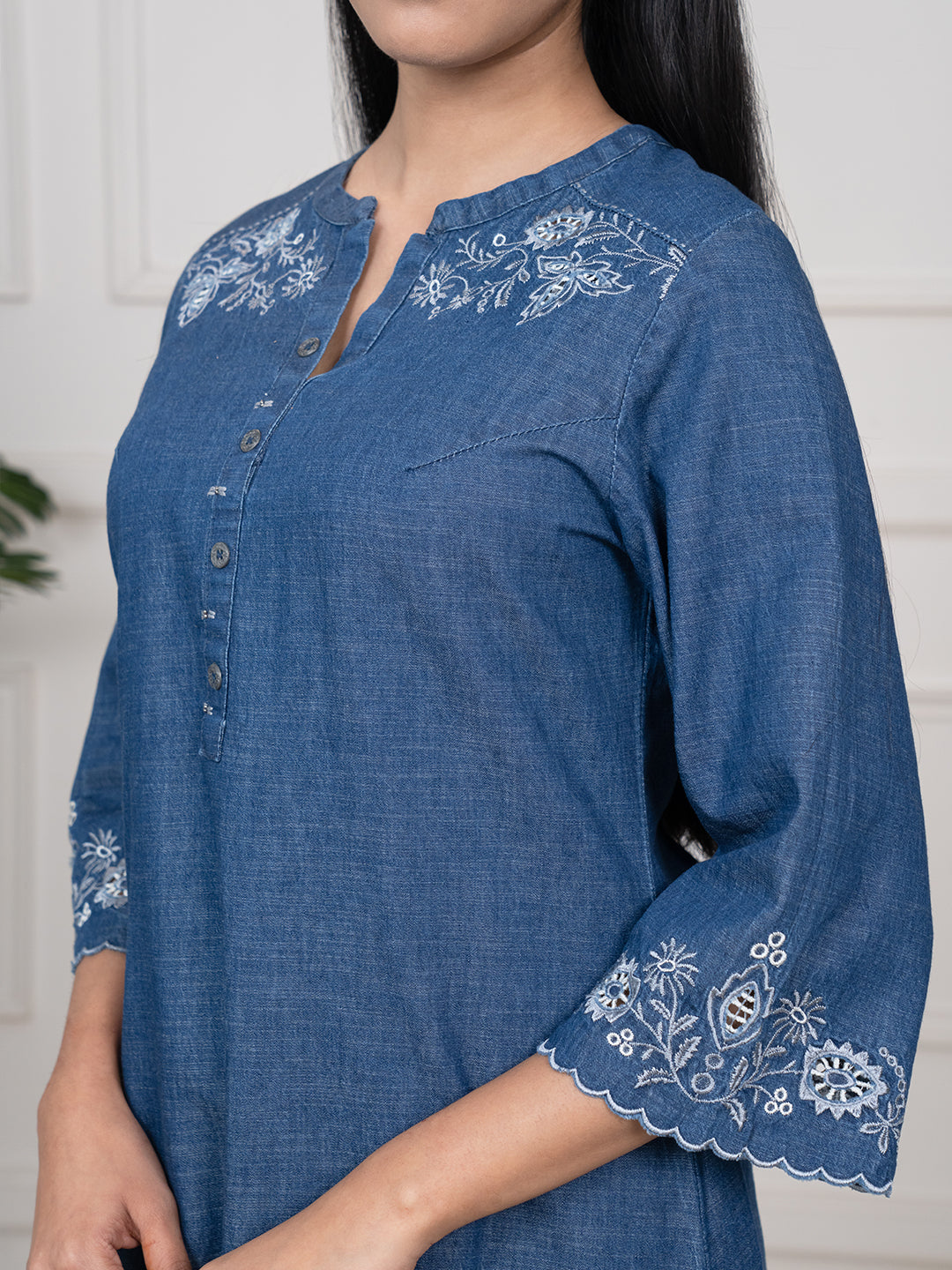 Delicate Cutwork Detailed Denim Indigo Top - Etiquette Apparel