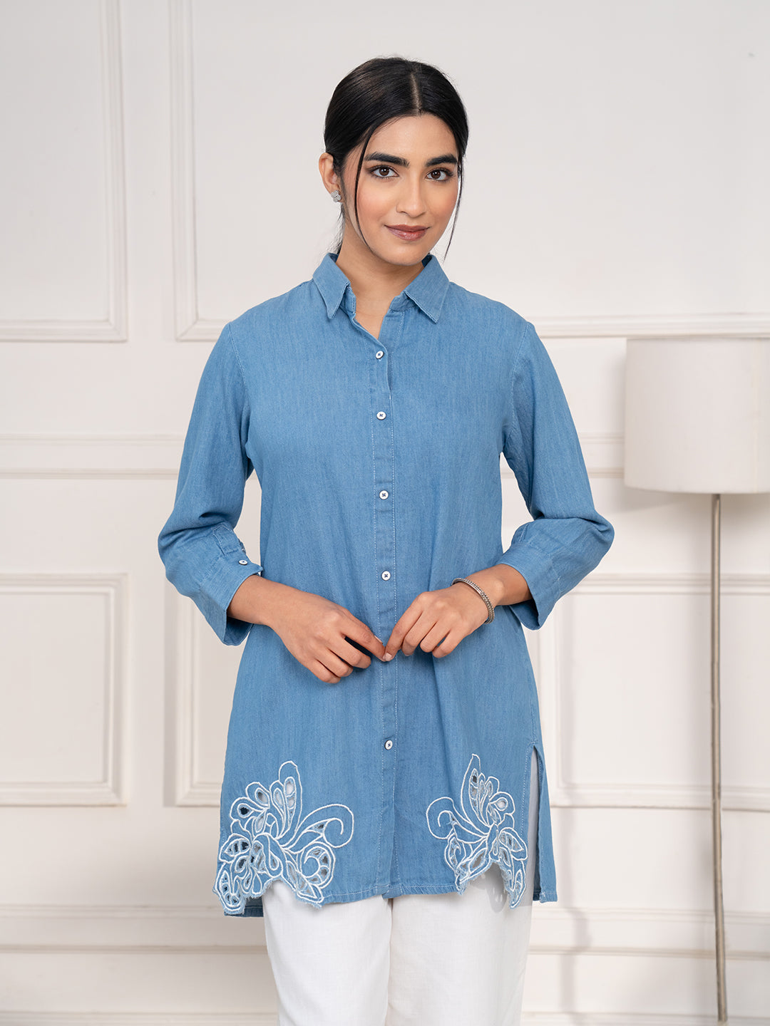 Cutwork Collared Indigo Denim Top - Etiquette Apparel