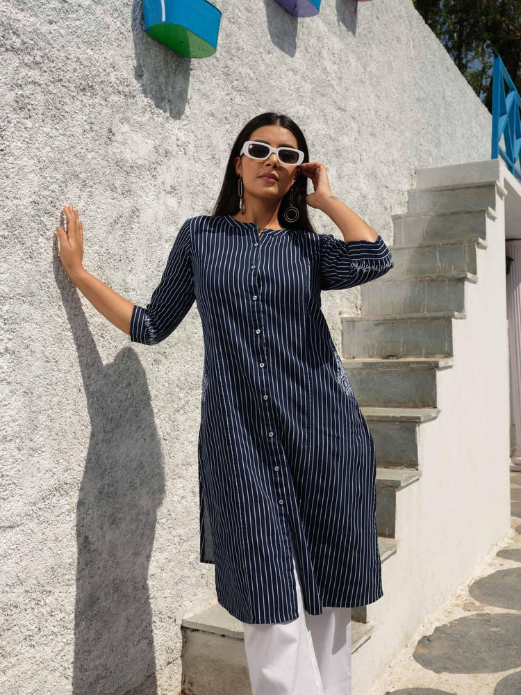 Denim stripe kurta with pocket details and embroidery Etiquette Apparel