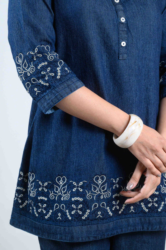 Blue Meadow Embroidered co-ord Set - Etiquette Apparel
