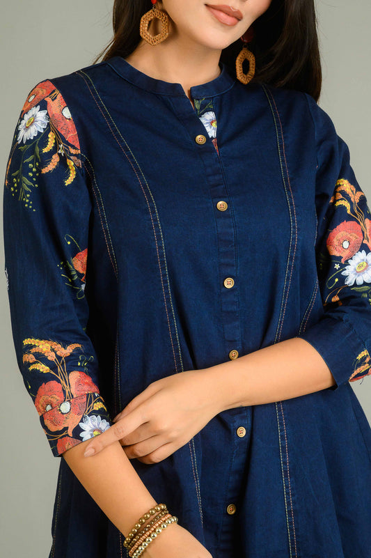 Handpainted Denim Sleeved Top - Etiquette Apparel