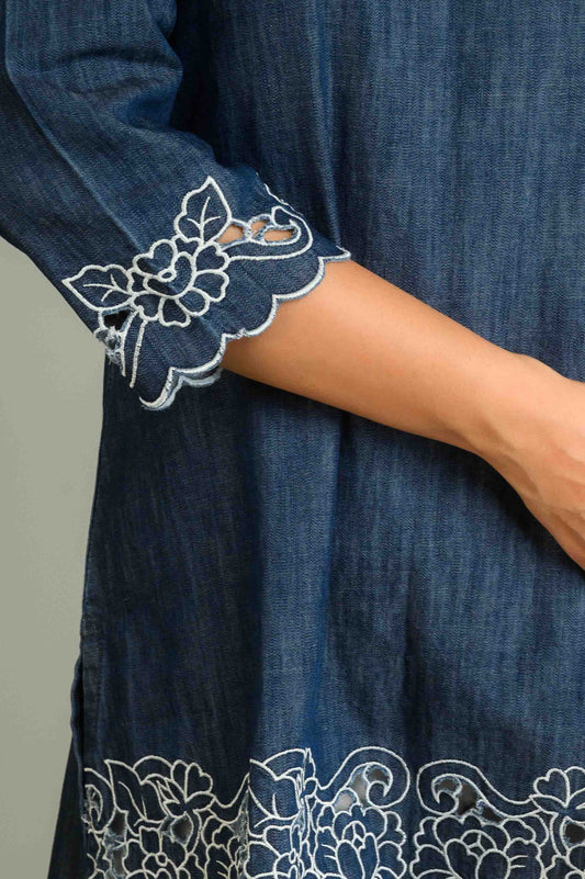 Luxe Denim Cutwork Embroidered Top - Etiquette Apparel