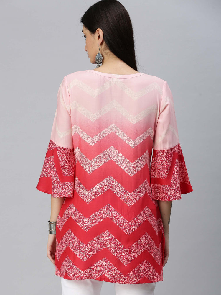Chevron print top with ombre shade, having ruffled sleeve detail