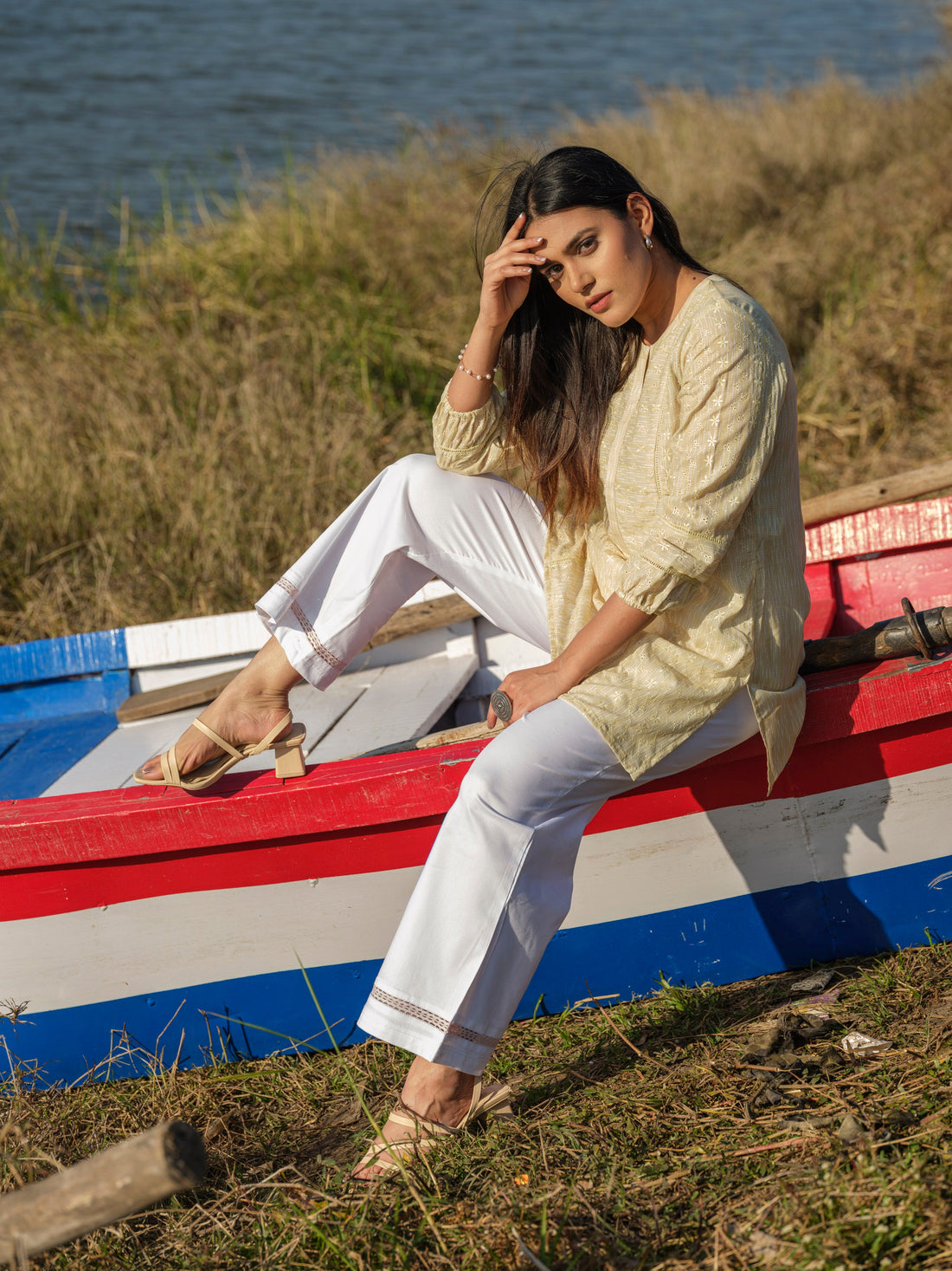 Schiffli top with stripe print - Etiquette Apparel