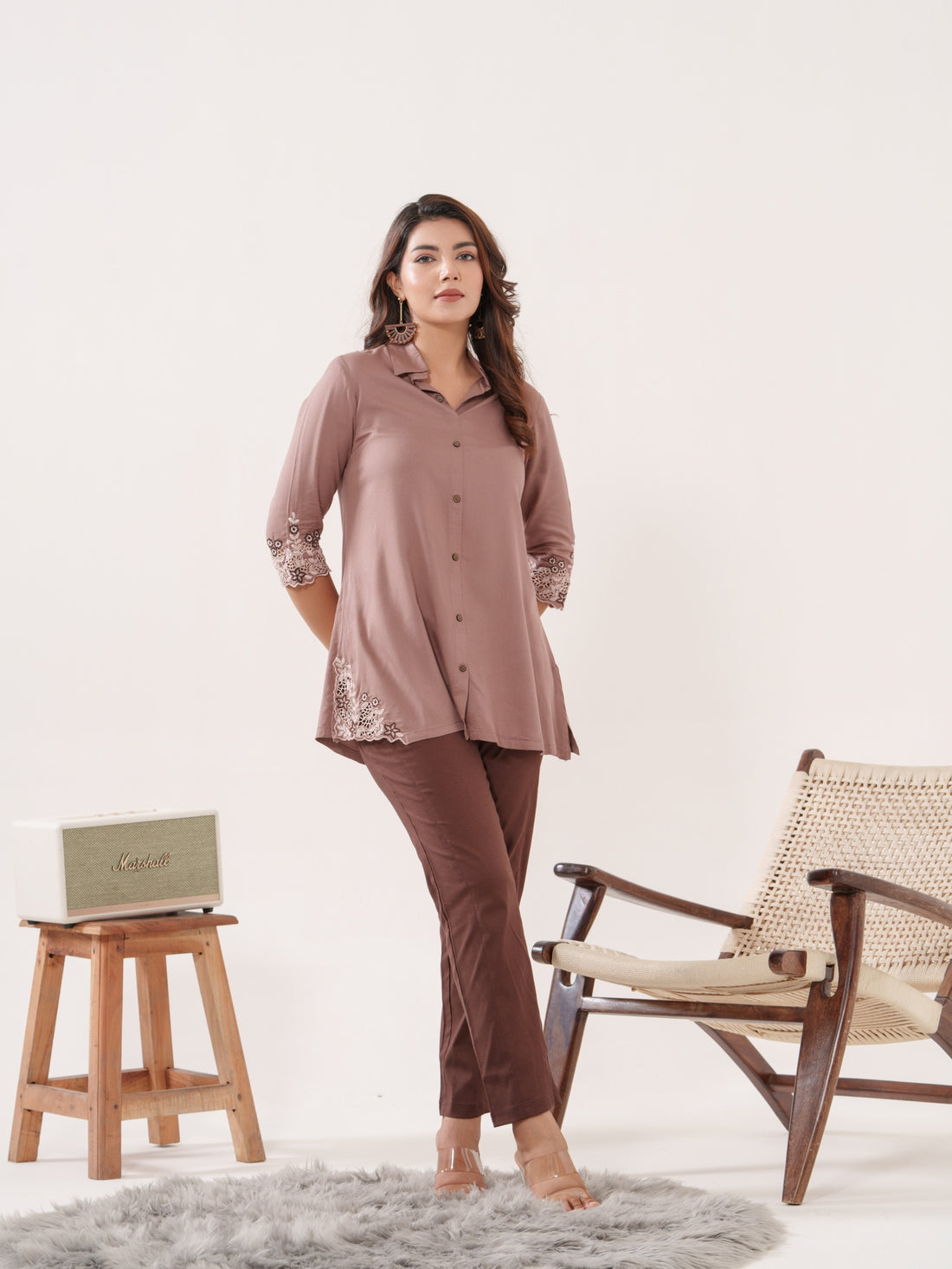 Solid Colored Top With Cutwork Embroidery in Front and Sleeves - Etiquette Apparel