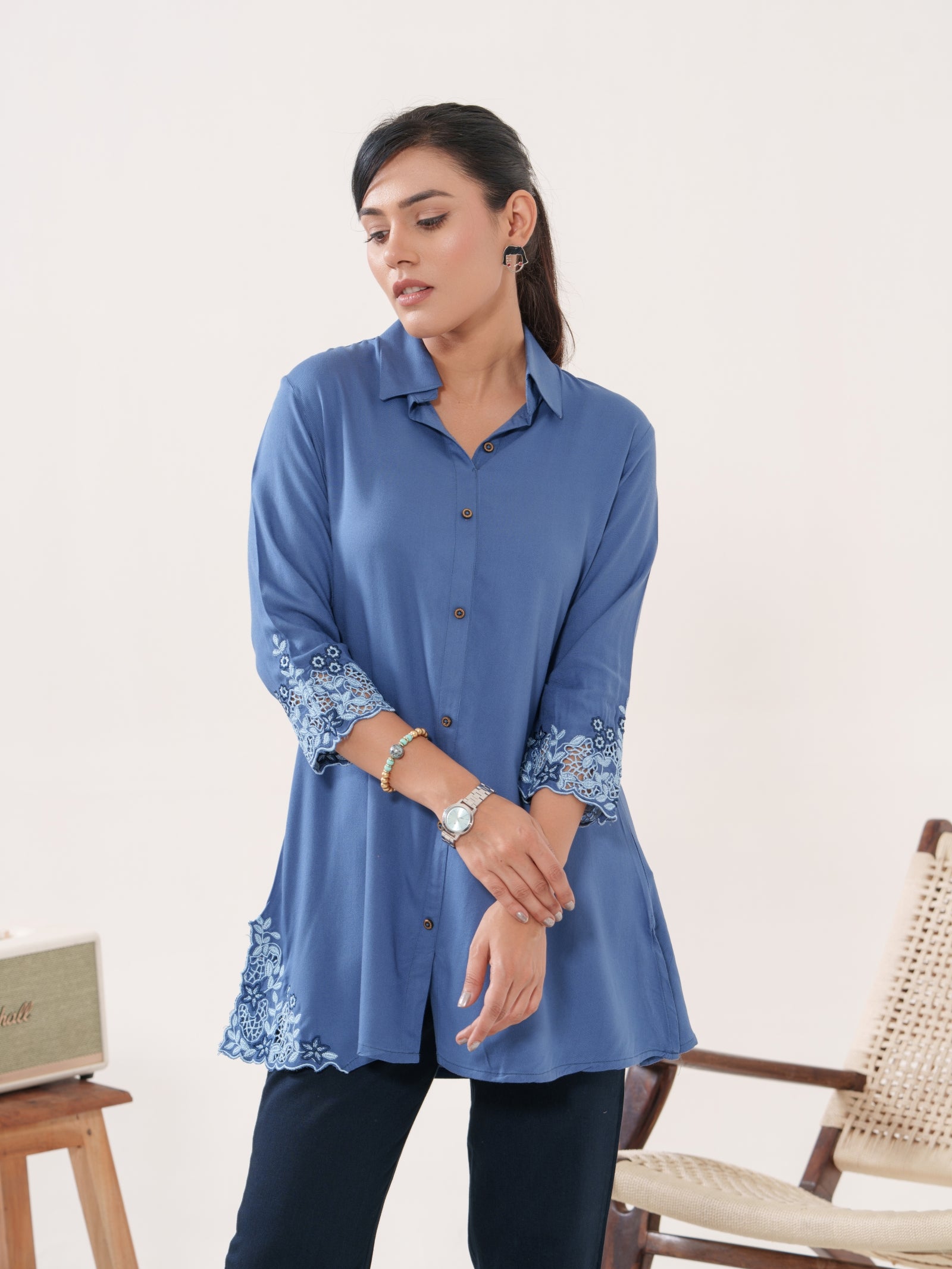 Product Carousel Image 8: Solid Colored Top With Cutwork Embroidery in Front and Sleeves