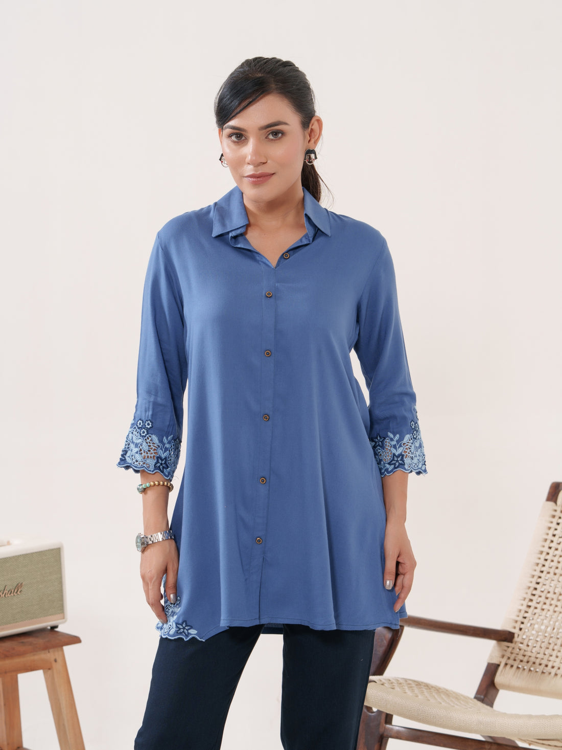 Solid Colored Top With Cutwork Embroidery in Front and Sleeves - Etiquette Apparel