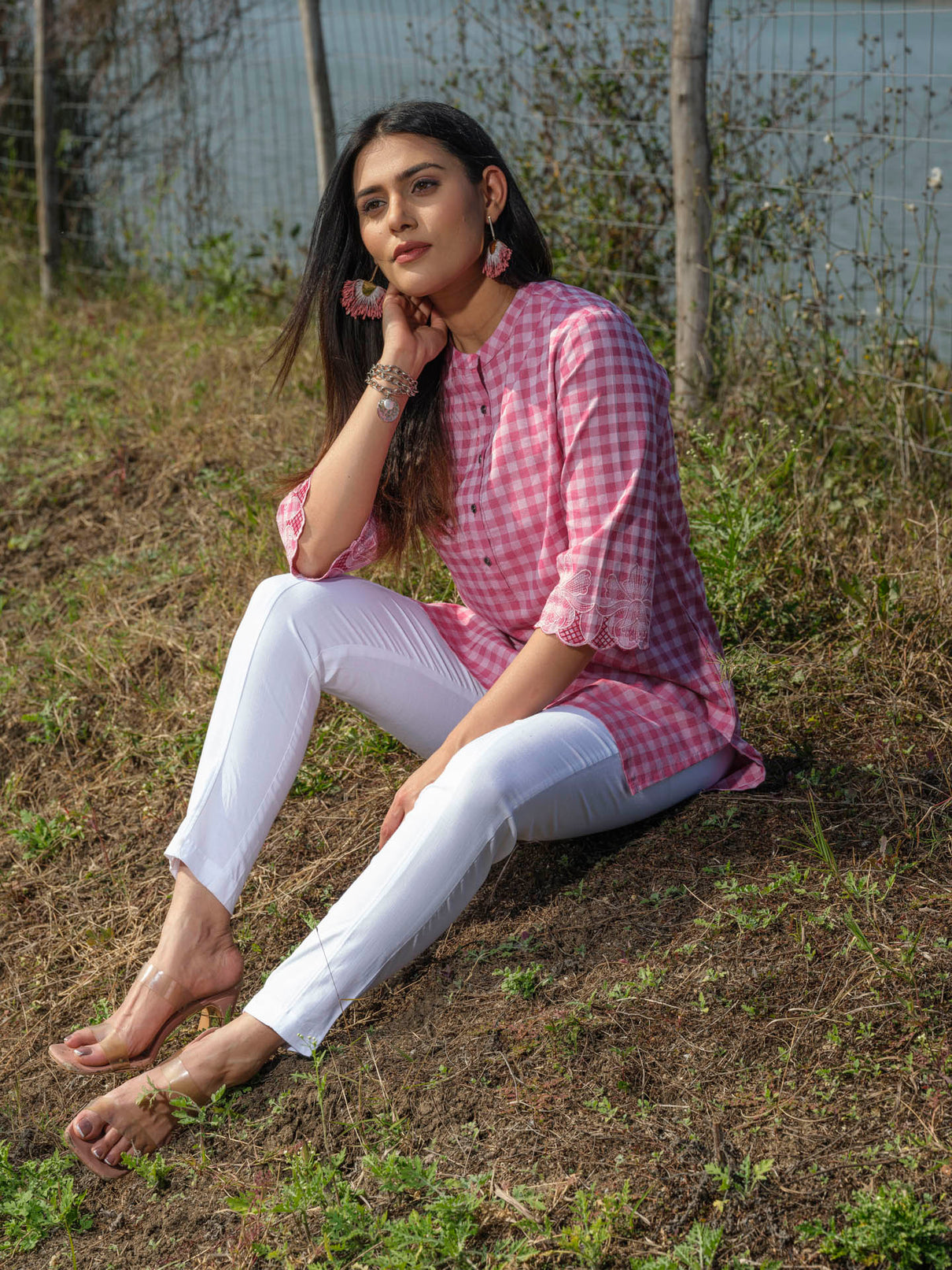 Cotton lycra checks top with cutwork embroidery at sleeves