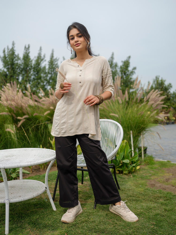 Viscose polyamide over-dyed anti-fit top with thread work and pin-tucks