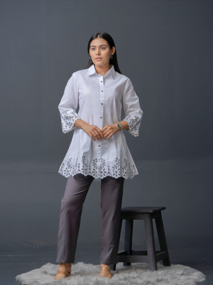 Shirt collar cotton top with cutwork embroidery