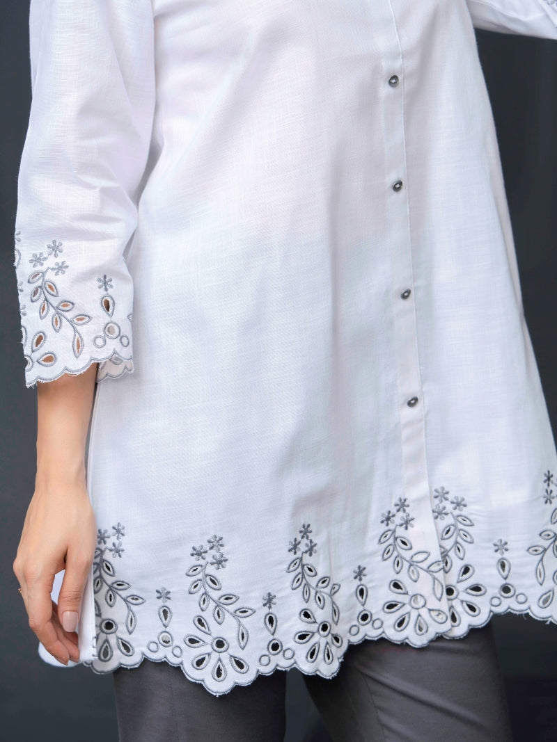 Shirt collar cotton top with cutwork embroidery