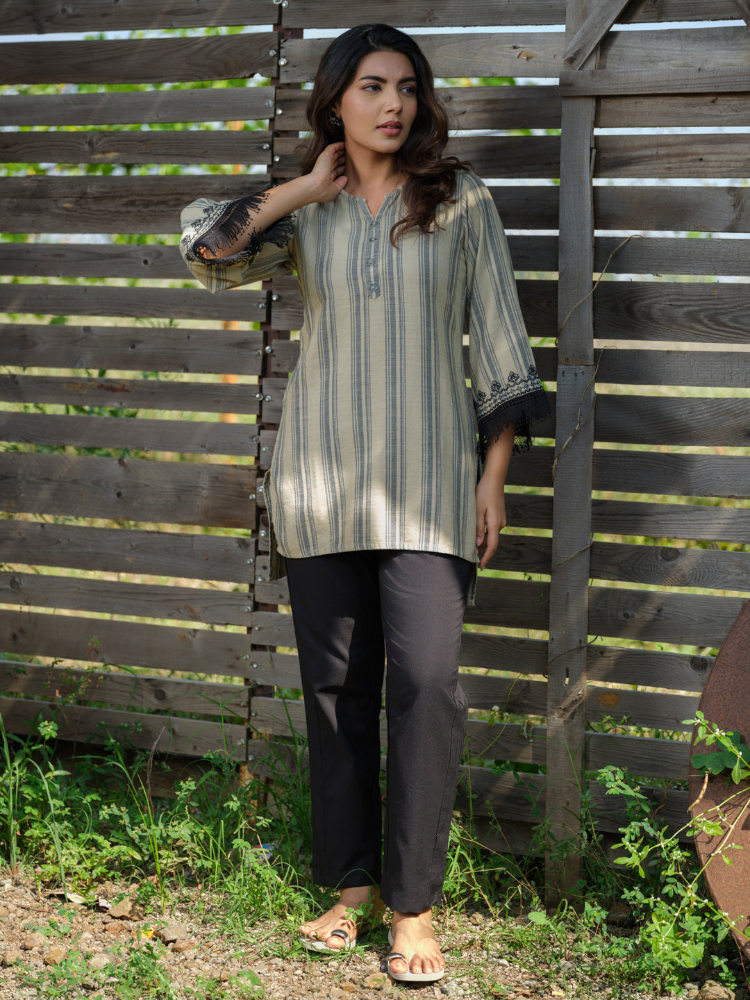Embellished Bell Sleeved Stripe Cotton Top - Etiquette Apparel