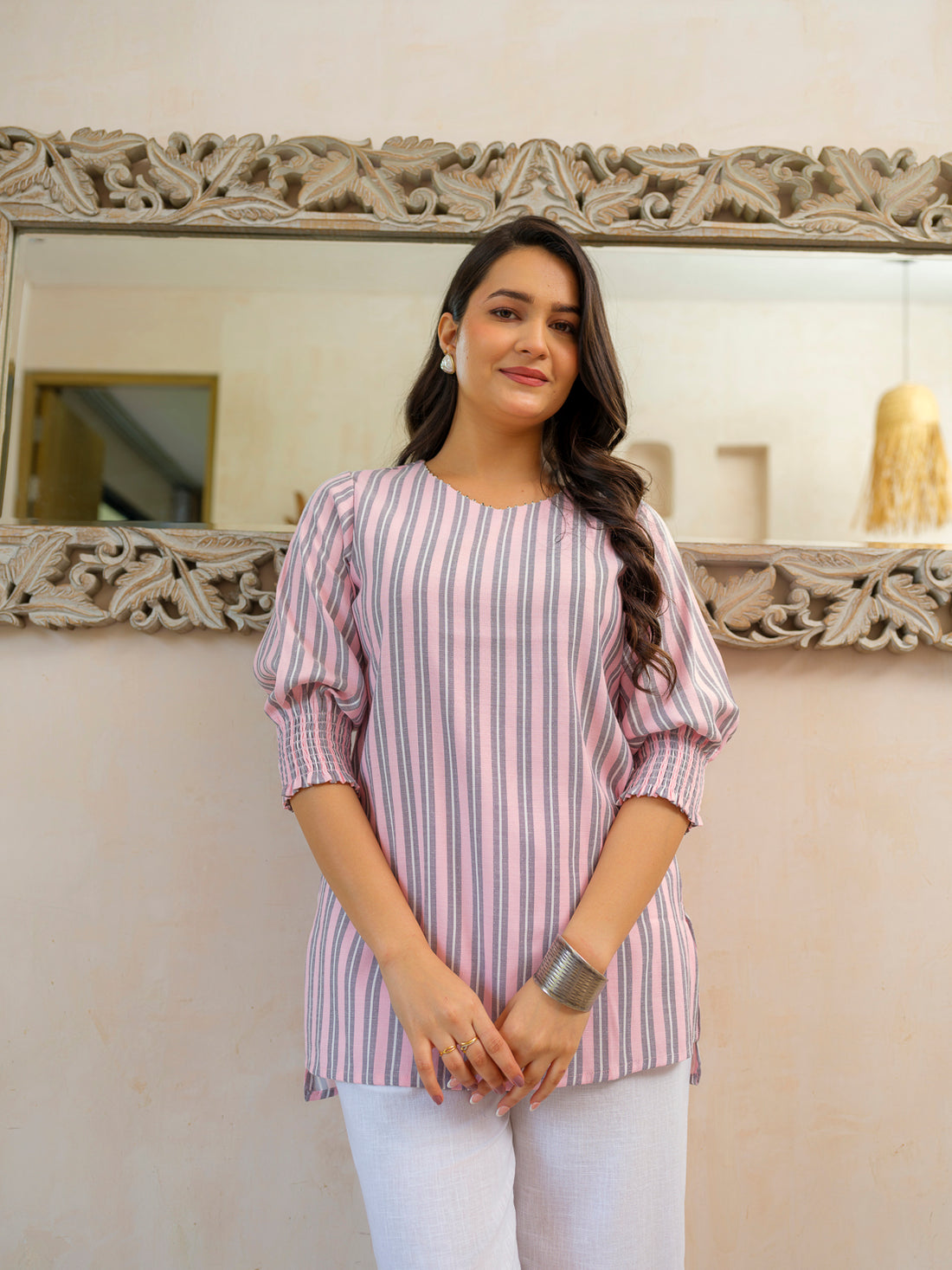 Cool Pastel Pink Stripe Smocking Top - Etiquette Apparel
