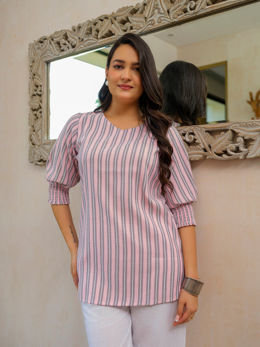 Cool Pastel Pink Stripe Smocking Top - Etiquette Apparel