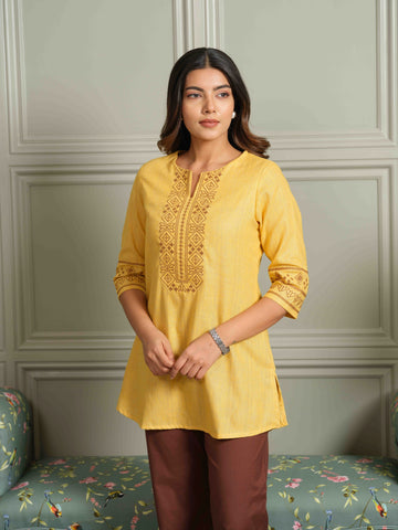 Khadi Base Inspired Cross Stitch Yellow Detailed Top - Etiquette Apparel