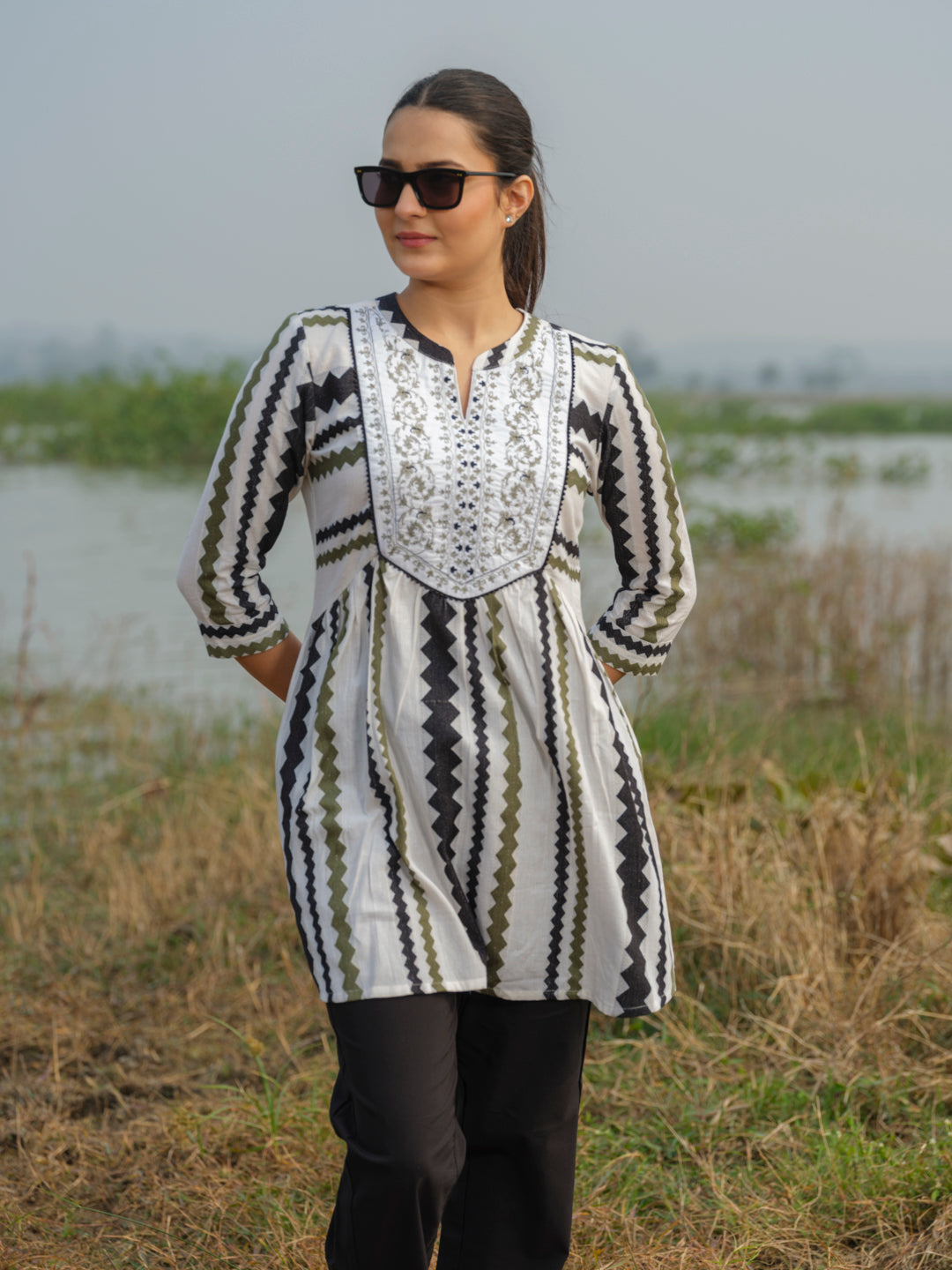 Chevron Top With Embroidered Yoke - Etiquette Apparel