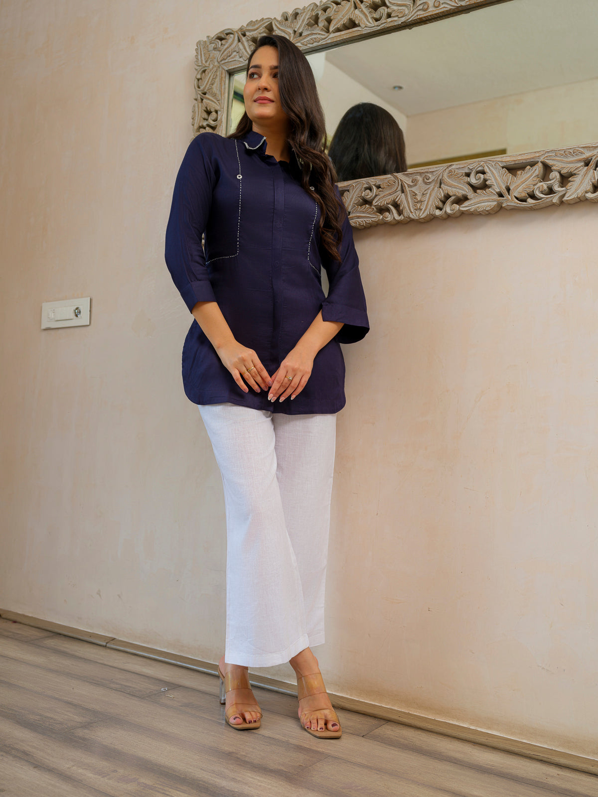 Classic Solid Coloured Shirt Collar Top - Etiquette Apparel