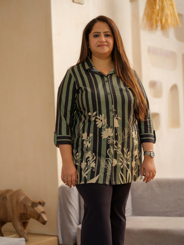 Green & Black Striped Collared Top - Etiquette Apparel