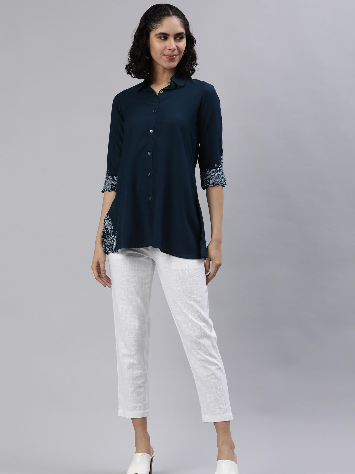 Solid Colored Top With Cutwork Embroidery in Front and Sleeves - Etiquette Apparel