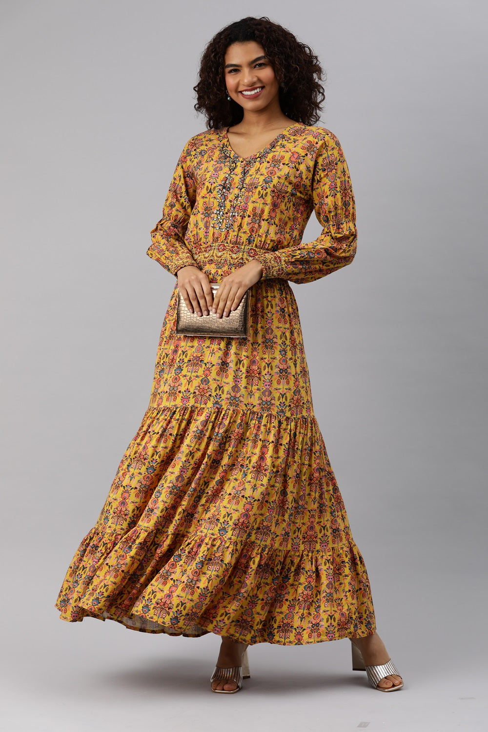 Yellow Floral print tiered dress - Etiquette Apparel