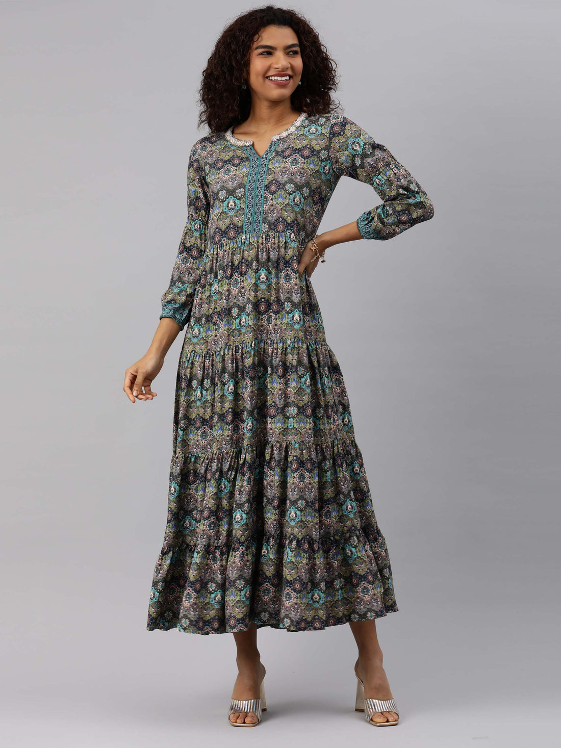 Green Floral print tiered dress - Etiquette Apparel