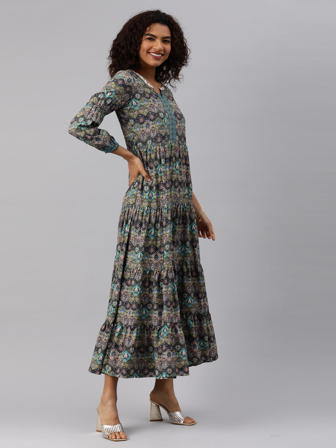 Green Floral print tiered dress - Etiquette Apparel