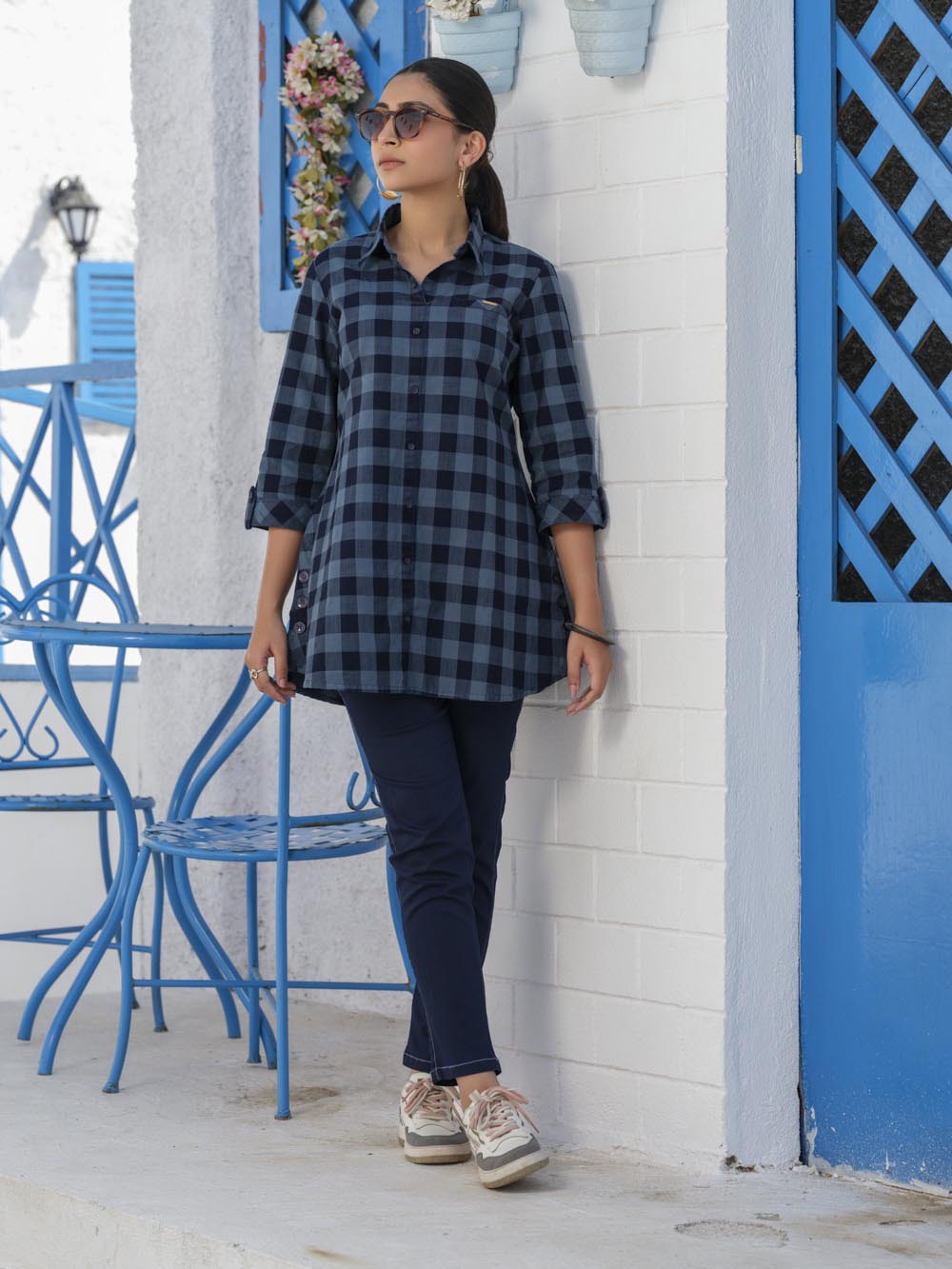 Indigo denim checks top - Etiquette Apparel