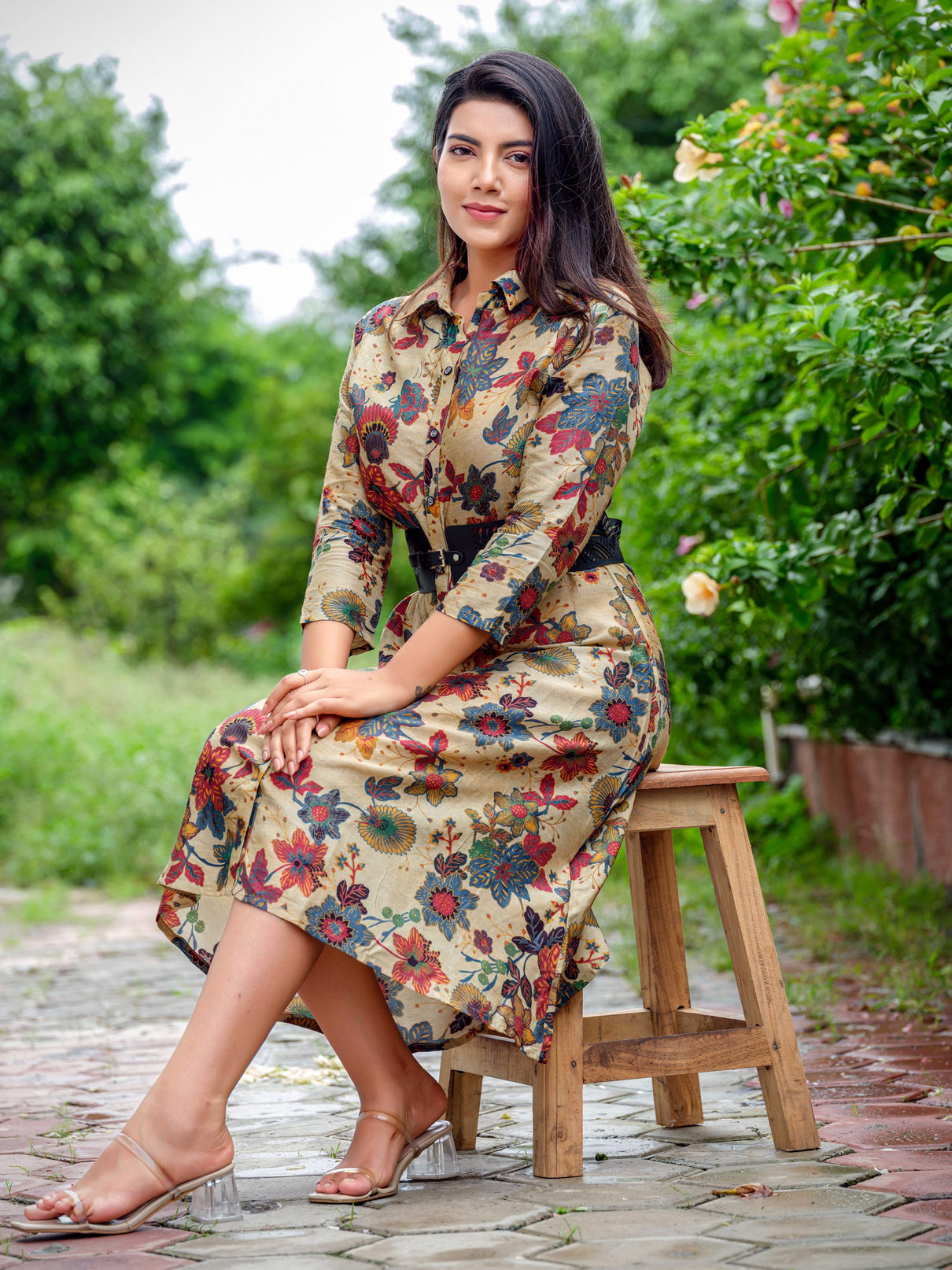 Multi Colored Floral Dress With Shirt Collar Etiquette Apparel