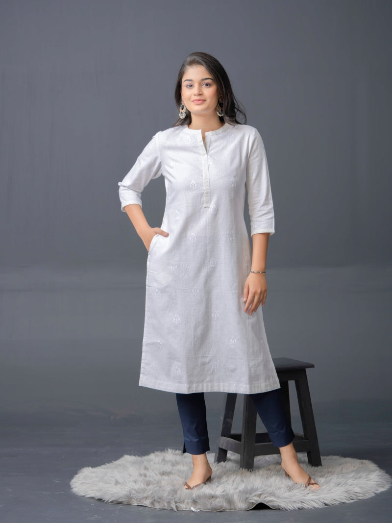 Serene white self embroidered kurta - Etiquette Apparel