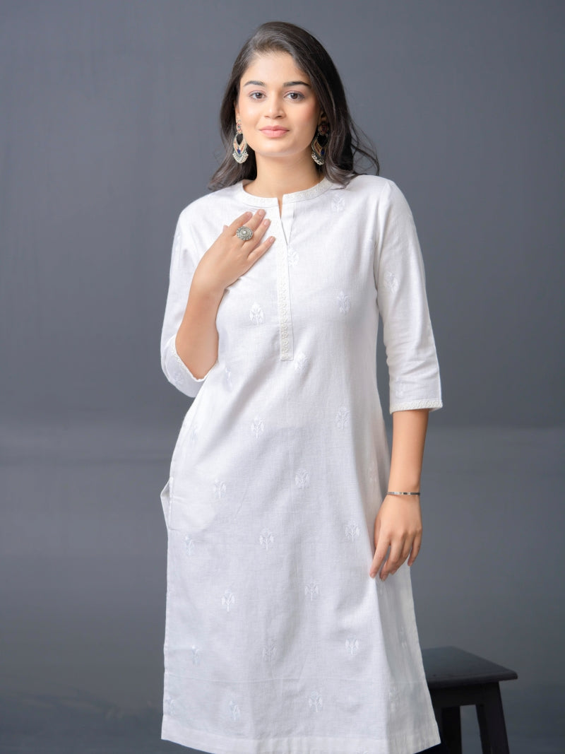 Serene white self embroidered kurta - Etiquette Apparel