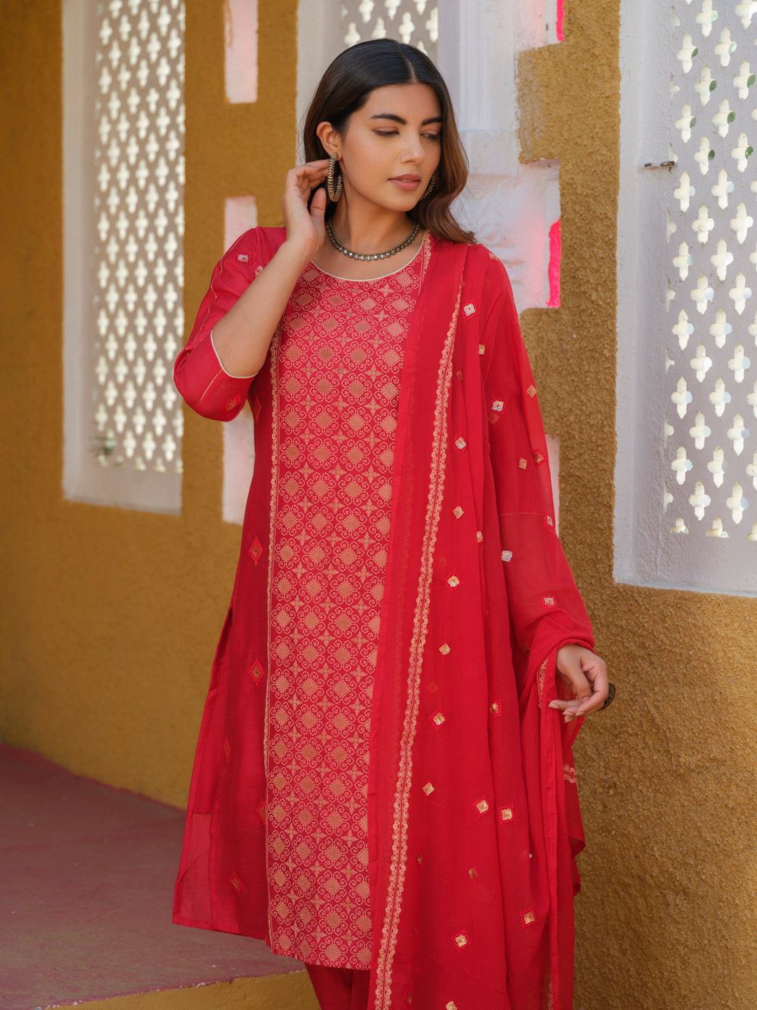 Product Carousel Image 6: Elegant Red Embroidered Kurta Set with Dupatta