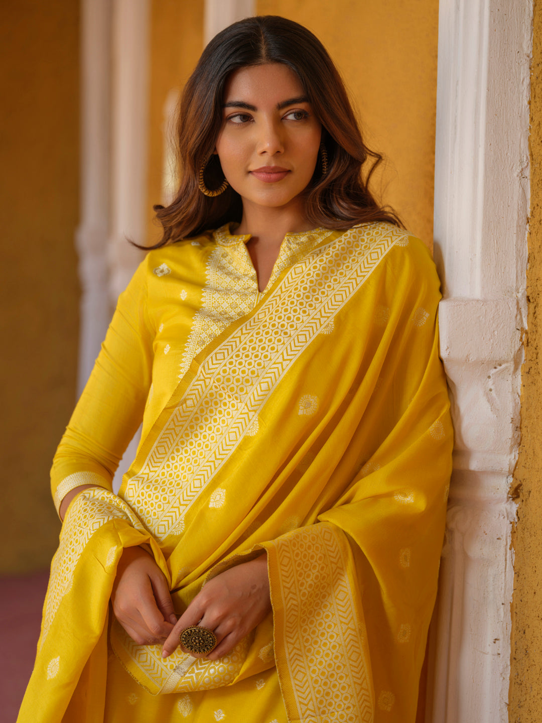 Haldi Mehndi Woven Kurta Set with Dupatta - Etiquette Apparel