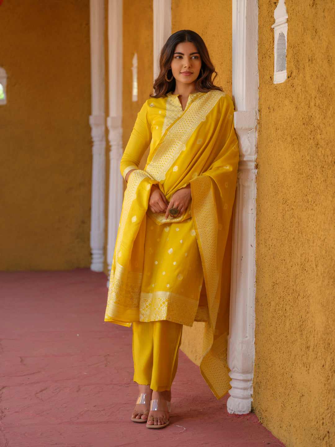 Haldi Mehndi Woven Kurta Set with Dupatta - Etiquette Apparel